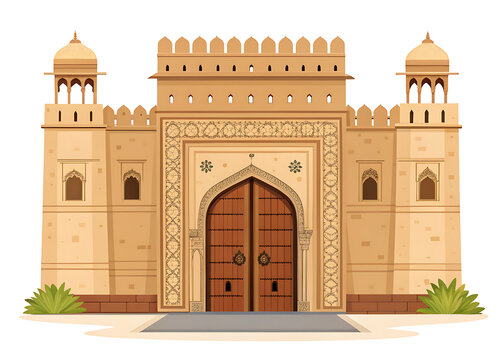  Historic Indian fort entrance with carved sandstone arch, detailed wooden palace doors, symmetrical ornamental walls, regal architectural elements, premium flat vector design, isolated on white.