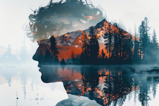 Double Exposure of Man with SnowCovered Mountain and Pine Trees in Nature Concept