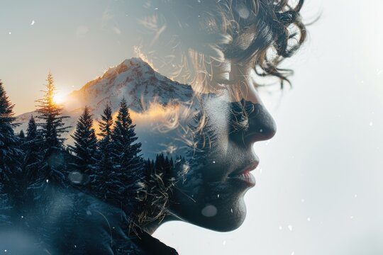 Double Exposure of Woman and Winter Mountain Landscape at Sunrise