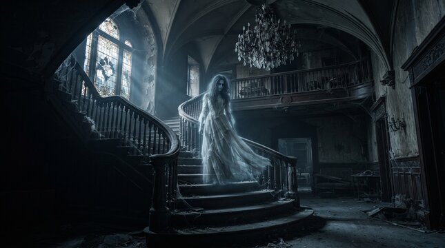 Eerie interior of an abandoned dark mansion with a grand staircase and a ghostly figure standing in shadows