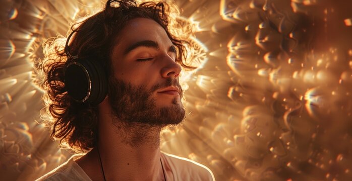 Man wearing headphones in front of circle of fire