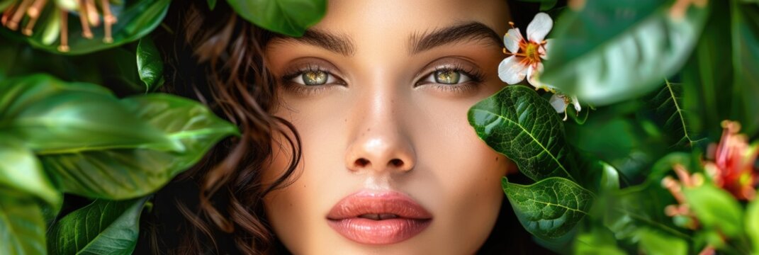 Closeup Portrait of Woman Amidst Vibrant Green Leaves and Colorful Flowers