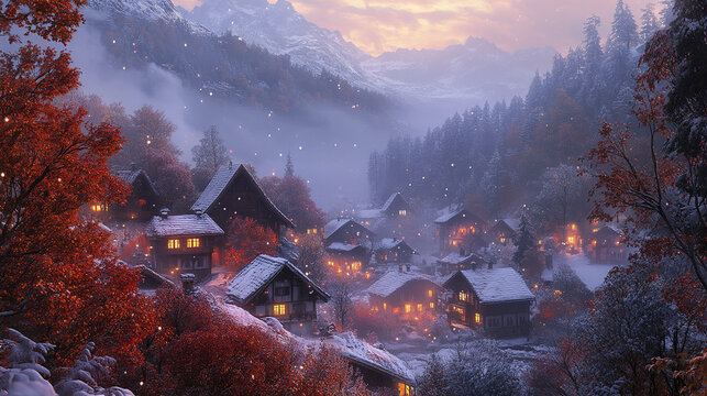 Cozy mountain village with snow covered rooftops and warm glowing lights at dusk