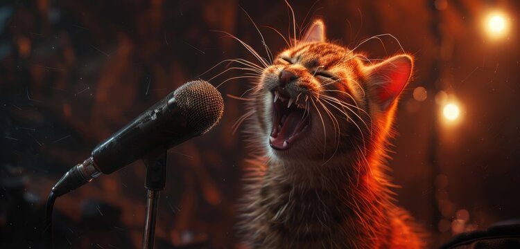 Cat singing into microphone on stage