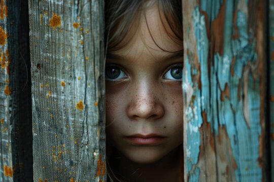  Curious Young Girl Peering Through Weathered Wooden Fence with Chipped Paint