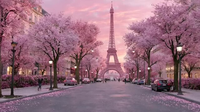 Paris, France, Europe. A vivid portrayal of the Eiffel Tower in Paris, France, bathed in the soft pink and purple hues of the setting sun.