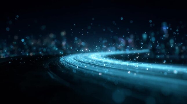 Dynamic blue fiber optic conduits and swift digital network stream over cyber night city (AI Generated)