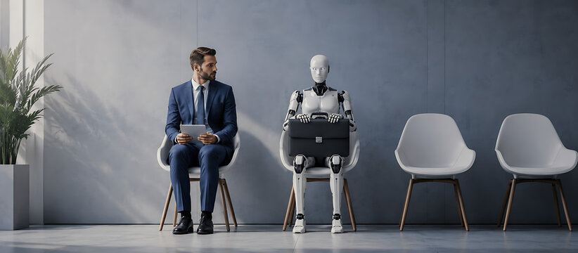 Businessman and humanoid robot sitting on chairs in waiting room competing for job interview concept