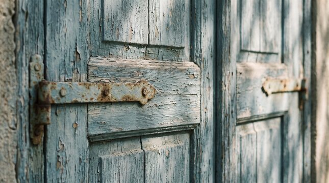 Closeup of an old, weathered blue wooden door with rusty metal hinges and peeling paint, showing rustic texture and age