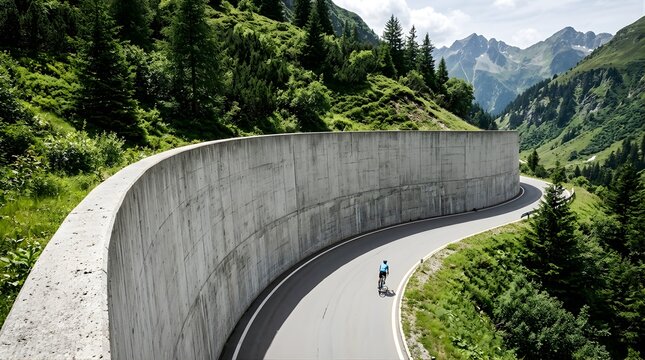 Cyclist riding on a mountain road beside a large concrete retaining wall