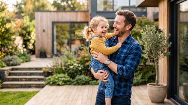 Father holding laughing daughter in modern backyard with wooden deck and contemporary house