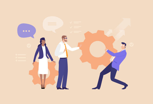 Business professionals working together with interconnected gears, symbolizing teamwork, coordination, productivity, problem solving, business processes, and efficient collaboration in a corporate env
