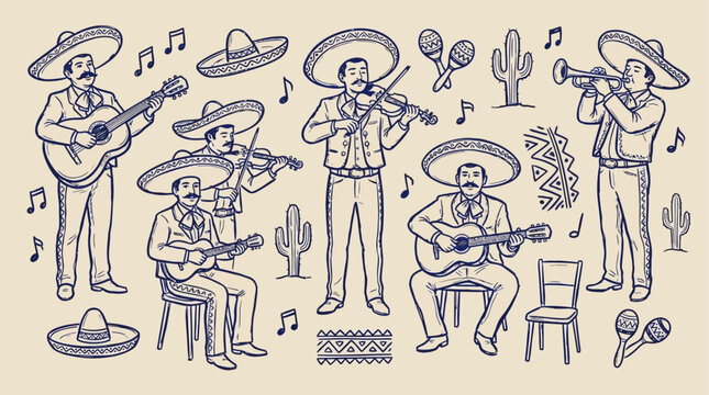Hand-drawn doodle sketch vector illustration of traditional Mexican mariachi musicians performing folk music with instruments like guitars and sombreros in a festive cultural celebration style.