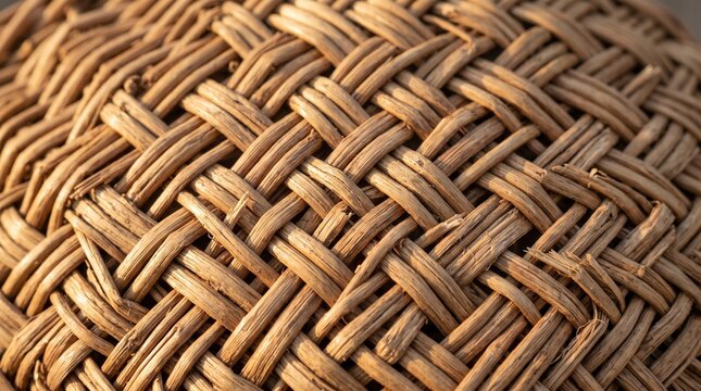 Closeup of a woven wicker basket texture, natural brown rattan pattern background, detailed handicraft weave surface