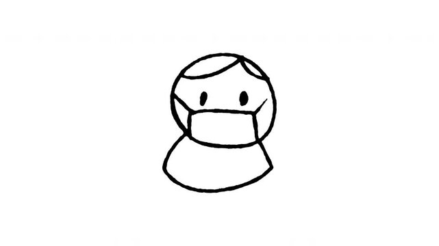 4K animated person wearing surgical face mask doodle icon. Frame by frame line art on black and green screen chroma key background for health safety, hygiene, virus prevention, and air pollution.
