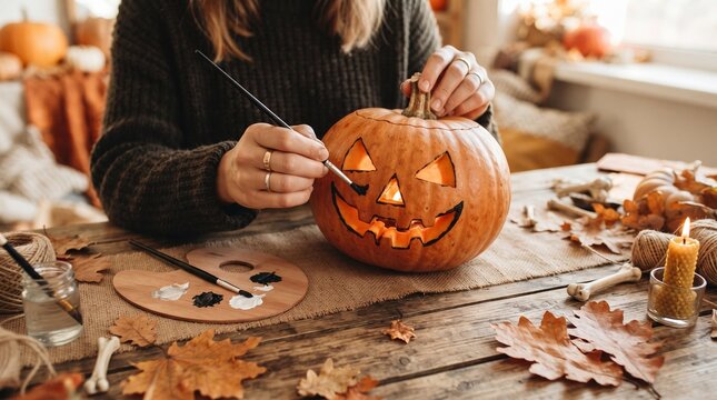 Close up of a person painting a spooky jack o lantern pumpkin for halloween home decoration