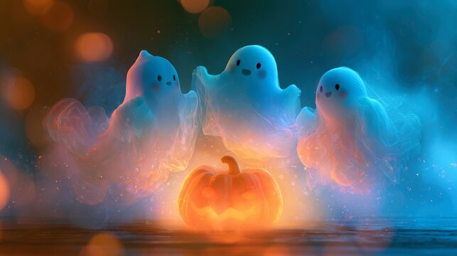 Ethereal translucent ghosts dancing in circle around carved pumpkin, soft silk textures situated under twilight night canopy