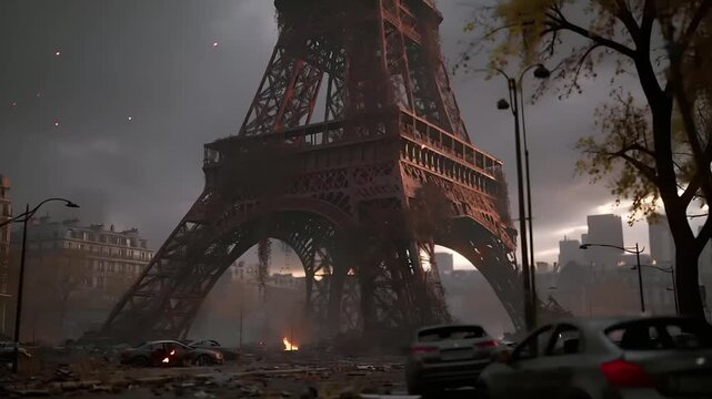 Paris, France, Europe. A dramatic, atmospheric depiction of the Eiffel Tower in Paris, France. The iconic structure stands tall against a backdrop of a city skyline. The sky is filled with dark.
