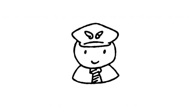Animated airplane pilot character doodle icon with captain hat. Features 4K frame by frame boiling line animation on black and green screen backgrounds for aviation, airline crew, and travel edits.