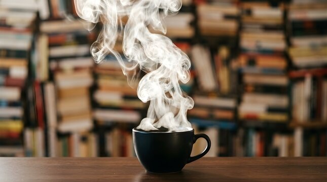 Hot steaming mug on wooden desk in front of blurred library bookshelf
