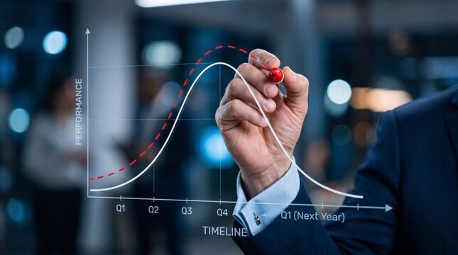 Business performance graph with bell curve, businessman drawing financial growth chart on glass, corporate data analysis and timeline projection