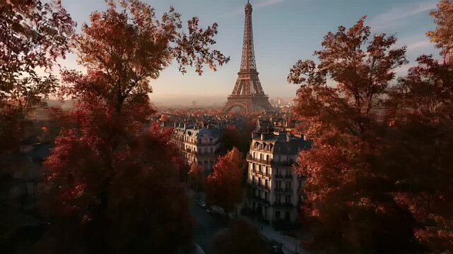 Paris, France, Europe. A vivid portrayal of the Eiffel Tower in Paris, France, bathed in the warm glow of the setting sun. The iconic structure stands majestically in the foreground.