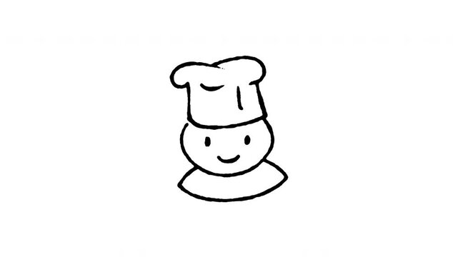 Hand drawn 4K professional chef avatar wearing toque hat doodle animation with boiling line effect. Frame by frame outline on black and green screen backgrounds, perfect for culinary and cooking.
