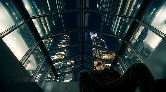 Man sitting under glass roof looking up at illuminated city skyscrapers