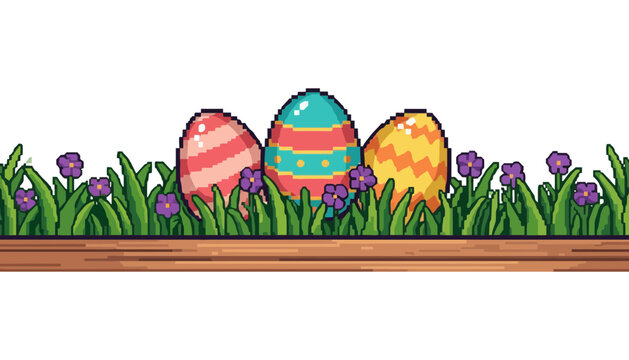 Easter eggs in grass pixel art border illustration design