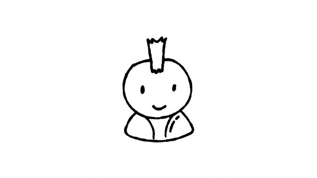 4K animated punk hairstyles character doodle icon with mohawk hair. Frame by frame line art on black and green screen chroma key background for alternative subculture, rock music, and rebel style.