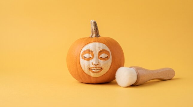 A small pumpkin with a painted face and makeup brush on a solid yellow background