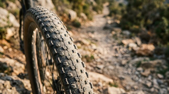 Mountain bike tire closeup on a rocky trail during a sunny summer day