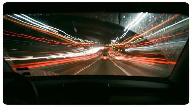 Night driving view from inside car with motion blurred city street lights