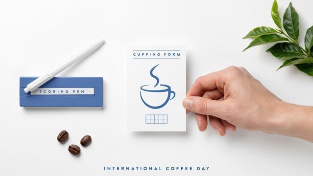 Hand Holding Minimalist Coffee Cup Gift Card Voucher With Beans on White Table for International Coffee Day