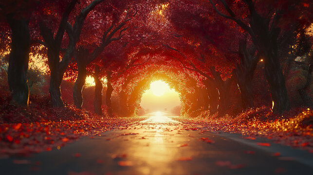 Dreamy autumn highway framed by glowing tunnel of red and orange leaves at sunset