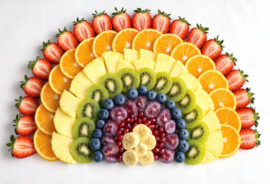 Rainbow fruit platter with fresh sliced strawberries and oranges, colorful fruit salad arrangement on white background, healthy vegan dessert snack