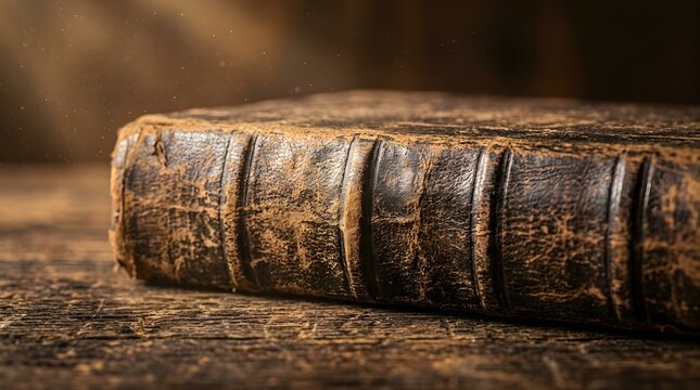Old leather bound book resting on a dark rustic wooden table