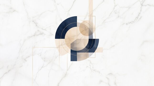 This is a minimalist abstract geometric composition set against a white marble background with soft gray veining