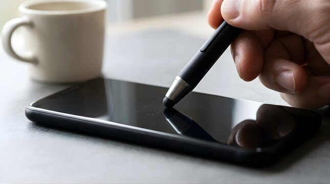 Person using a stylus pen on a black smartphone screen at a desk