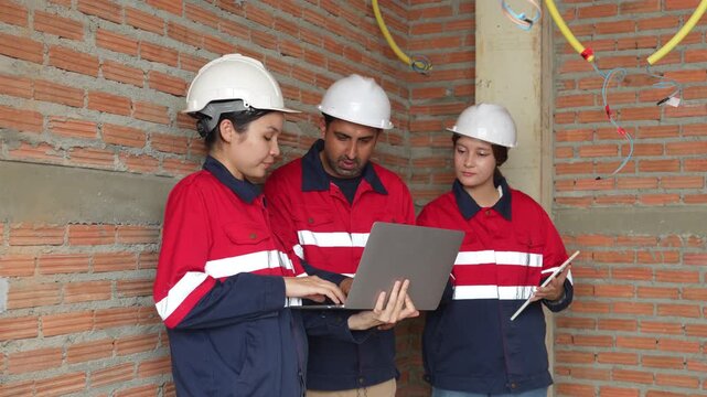 Construction inspectors and engineer discussing project details at an unfinished building site, teamwork, communication, safety compliance, site supervision, safety, construction project management.