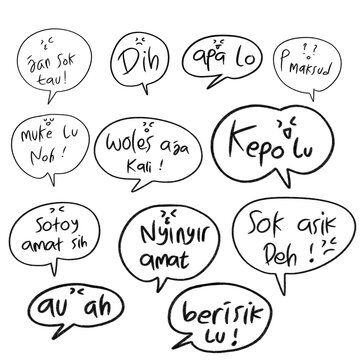 Hand Drawn Speech Bubbles Set with Sassy Slang Text, Doodle Comic Dialog Balloons Illustration