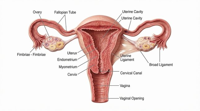 Human Female Reproductive System Anatomy with Educational Labels Isolated on White Background