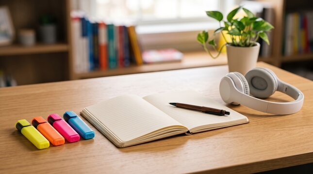 Study desk with open notebook and highlighters