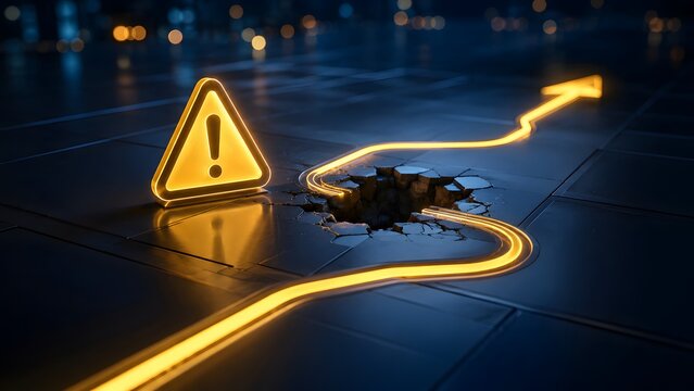 Yellow warning triangle beside glowing line crossing broken floor chasm. Concept of supply chain disruption, and business continuity planning.