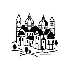 Fototapeta premium Stylized illustration of a historic European town with domes and towers.