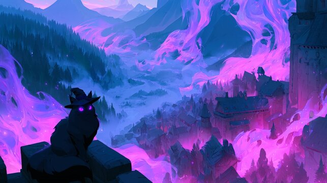 Black cat with glowing purple eyes tiny witch hat sitting on castle turret, overlooking mist-filled valley situated under twilight night canopy