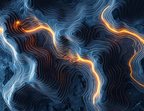 Abstract futuristic topographic map featuring glowing orange light trails across dark blue 3D terrain. Inspiring concept of digital networks, energy, and data flow, nobody.