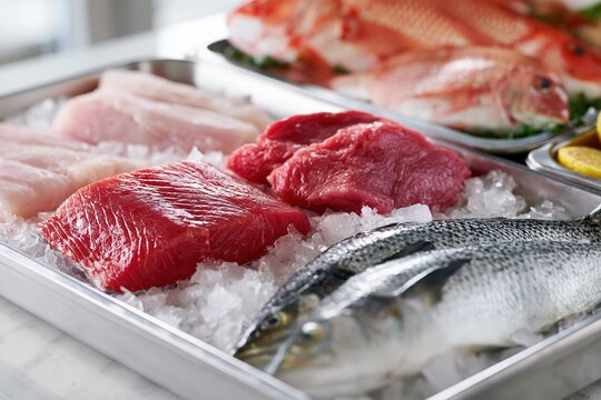 Fresh Seafood Display with Various Fish on Ice for Sale