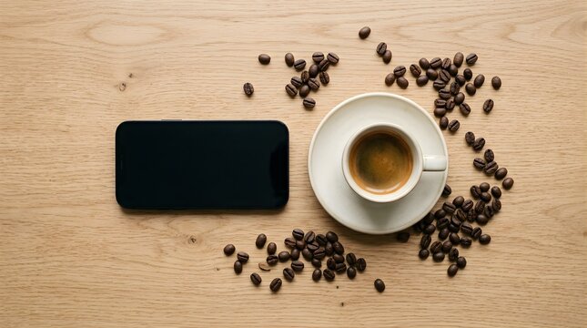 Smartphone with coffee cup and roasted beans on a wooden table
