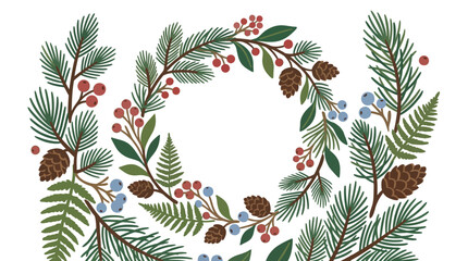 Scandinavian Style Evergreen Winter Wreath Illustration Featuring Pine Branches Cones and Berries for Holiday Festive Decoration © nuansa sukses store